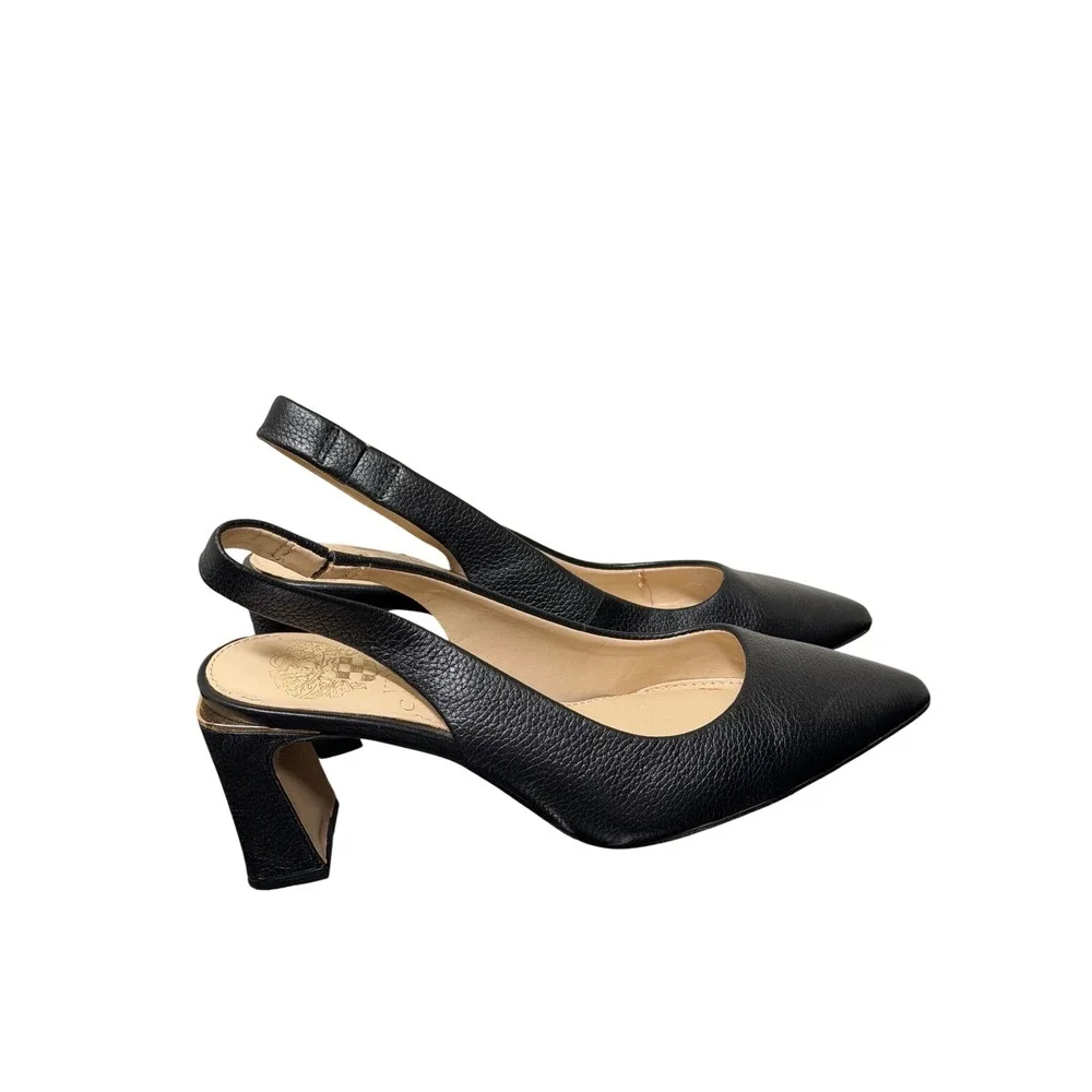 Vince Camuto Slingback Pumps Womens 5.5 Black Pebbled Leather Pointed Block Heel